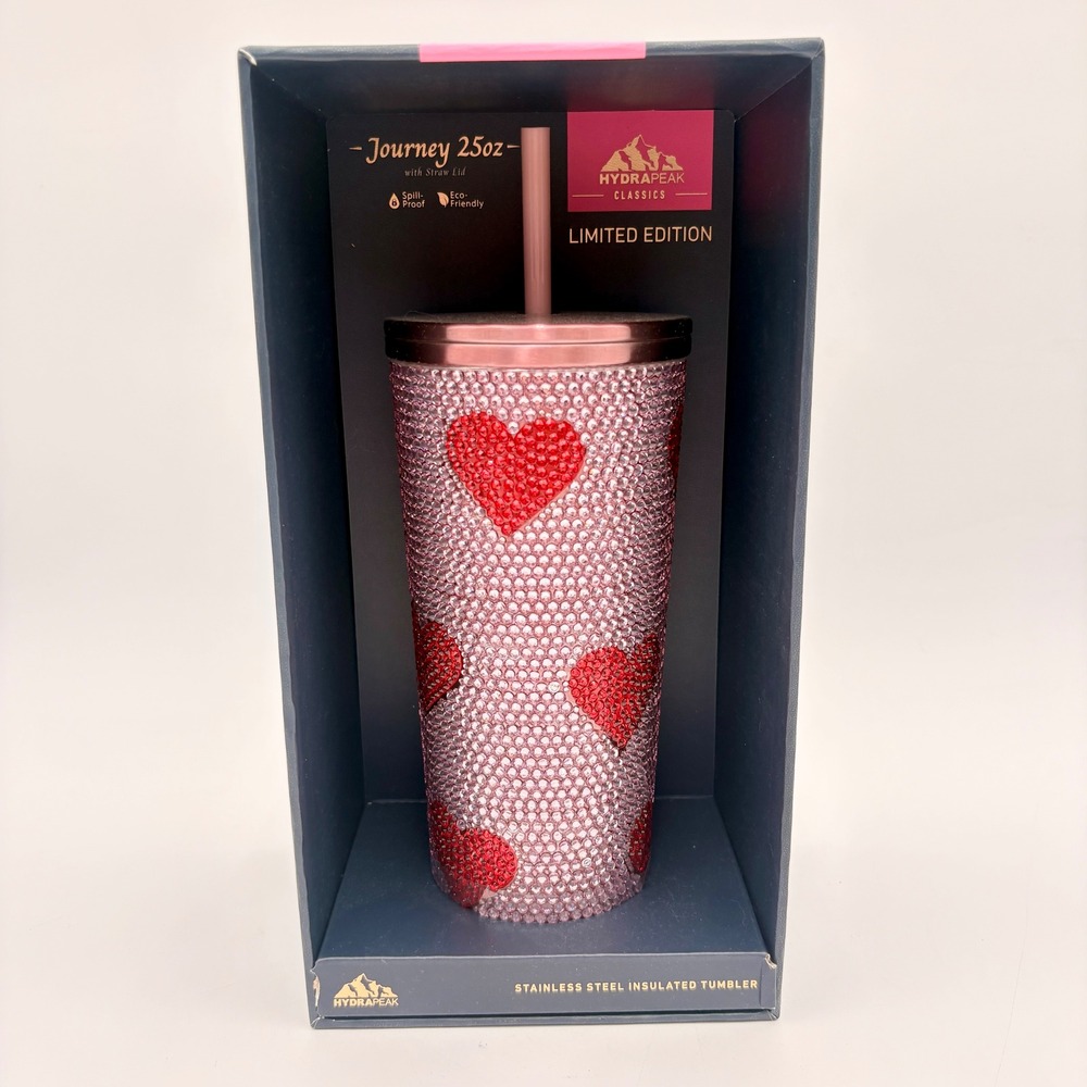 Hydrapeak‎ Journey 25oz Stainless Steel Insulated Pink Tumbler Hearts Rhinestone